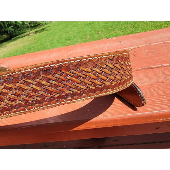 Vintage Kirkpatrick Brown Basket Weave Leather Belt Size 34, Buckle, Shooting - Picture 4 of 12